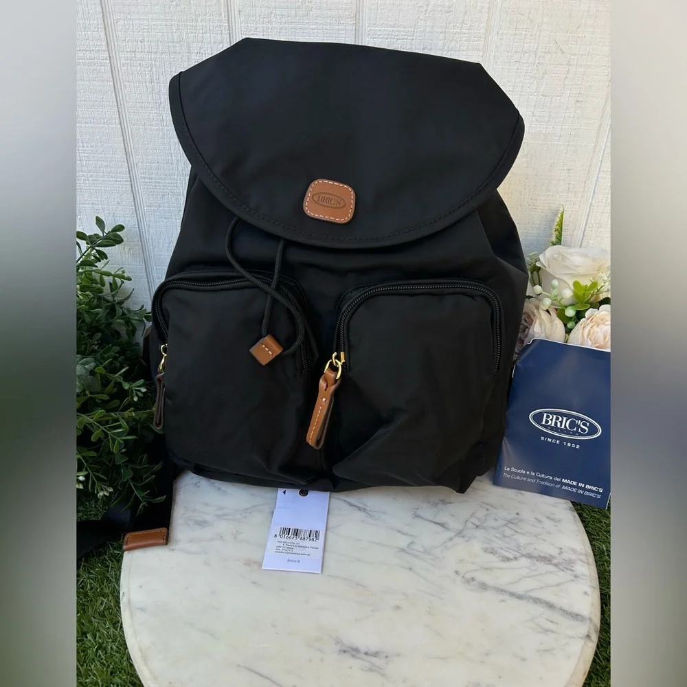 Bric's Black Nylon Backpack with Tan Leather Trim